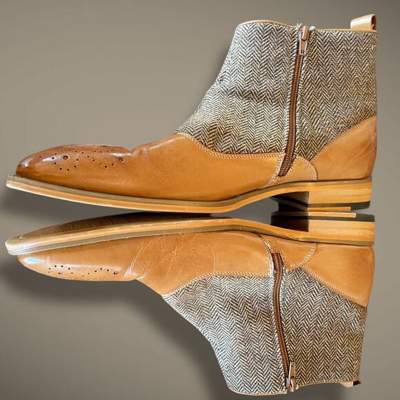 Men's Sz 11 GIOVANNI Edison Light Cognac Brown Leather Tweed Button Spat Boots - Picture 7 of 13